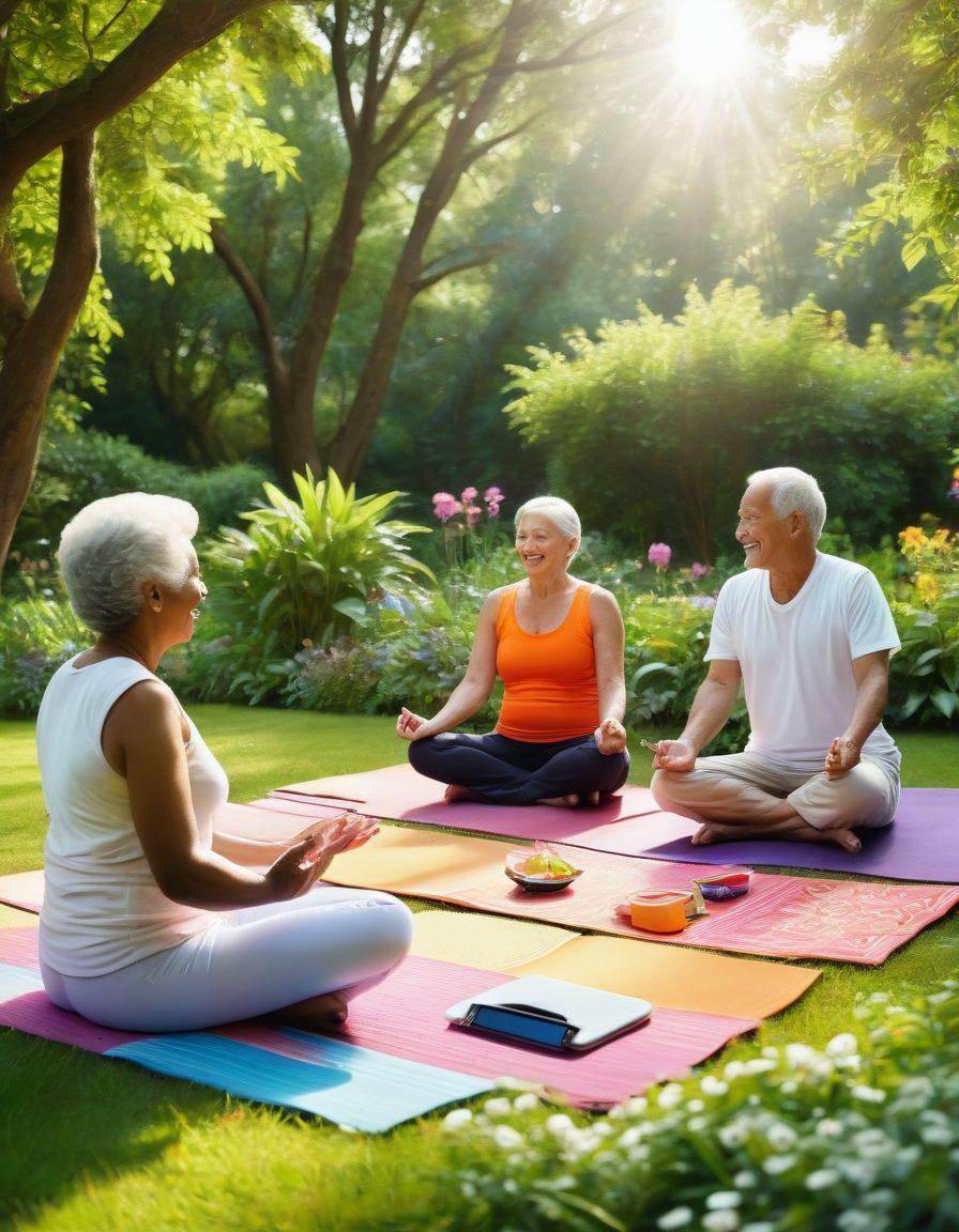 A serene scene showcasing a diverse group of seniors engaging in various wellness activities like yoga, gardening, and enjoying a meal together in a sunlit park. The atmosphere is warm and inviting, with lush greenery and vibrant flowers, symbolizing growth and connection. Include elements representing technology, such as tablets or smart devices, to reflect modern relationships. Super-realistic. Vibrant colors. Natural light.