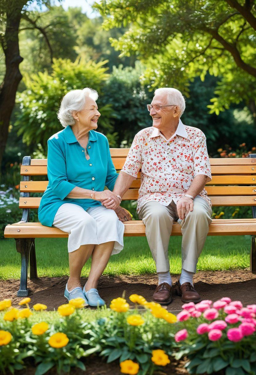 A heartwarming scene depicting elderly couples engaging in joyful activities together, such as gardening and sharing stories. Show a sunny park setting with vibrant flowers and trees, symbolizing growth and connection. Include signs of companionship, like holding hands or laughter, to illustrate lasting relationships. The atmosphere should evoke warmth and positivity, highlighting empowerment in later life. super-realistic. vibrant colors. soft focus.