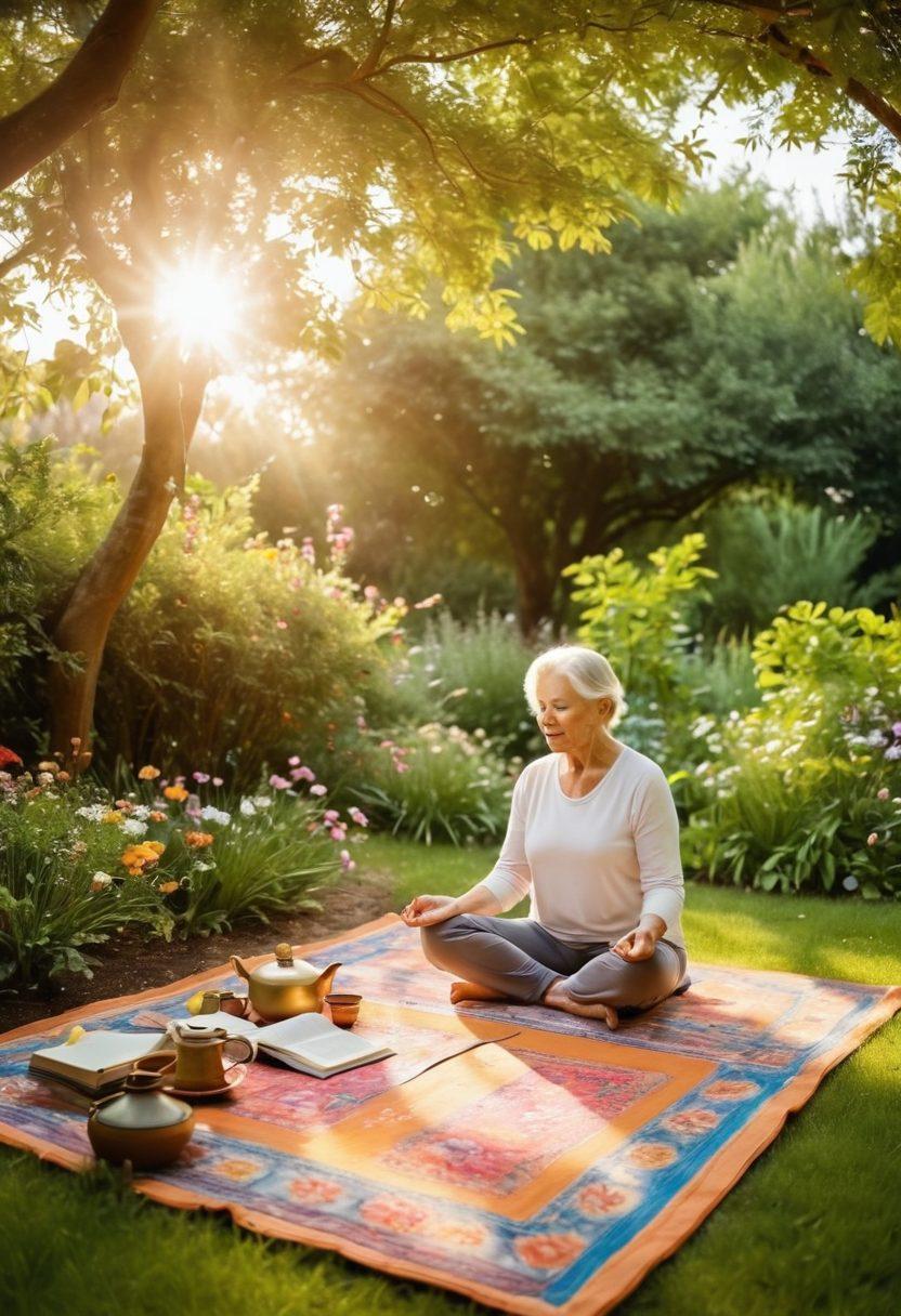 A serene scene depicting a diverse group of joyful seniors engaged in various self-care activities like yoga, meditation, and gardening, surrounded by lush greenery and blooming flowers. The atmosphere radiates warmth and tranquility, with golden sunlight filtering through trees. Include cozy elements like a teapot, books, and colorful yoga mats to convey a sense of comfort and wisdom. bright colors. soft focus. nature-inspired.